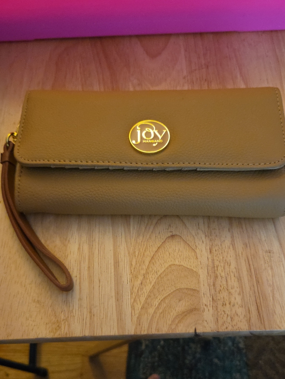 Joy Mangano Olive Pebbled Wristlet with Gold Emblem